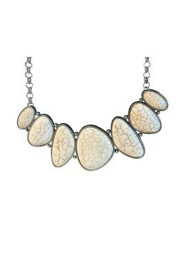 Statement Bib Necklace White Faux Crackle Stone Silver-Tone Chunky Career